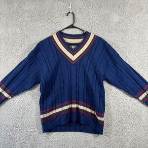 Hunt Club Mens V-Neck Cable Knit Sweater Blue Striped Made in USA Size L 1506